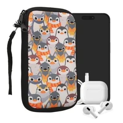 Abbildung von kwmobile Handytasche für Smartphones L 6,5&quot; Neopren Handy Tasche Hülle Cover Case Schutzhülle Pinguine Grau Gelb Braun 16,5 x 8,9 cm Innenmaße