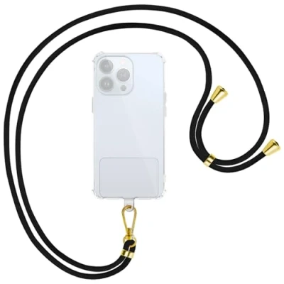 Abbildung von mtb more energy® Universal Handykette Clear schwarz Metallteile Gold transparenter Patch kompatibel mit vielen Handyhüllen Zubehör Smartphone zum Umhängen