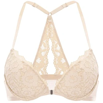 Abbildung von DOBREVA Damen Vorderverschluss BH mit Bügel Push Up Spitzen Neckholder BHS Racerback Tiefer Ausschnitt Gepolsterter Beige 85E