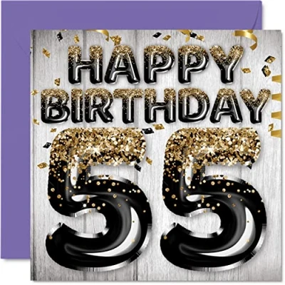 Abbildung von Stuff4 Geburtstagskarte zum 55. Geburtstag für Männer schwarze und goldene Glitzerballons Happy Karten 55 Jahre alten Mann Papa Opa Onkel 145 mm x Grußkarten Geschenk