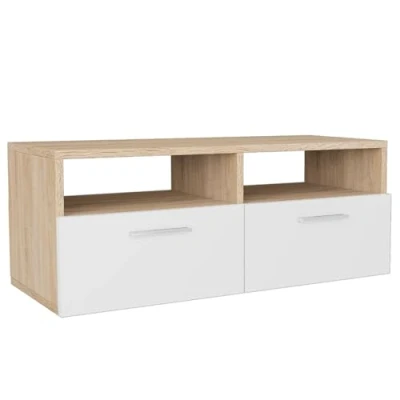 Abbildung von vidaXL TV Schrank mit 2 Regalen Schränken Fernsehtisch Fernsehschrank Lowboard Möbel Tisch Board Sideboard HiFi Holzwerkstoff 95x35x36cm Eiche Weiß