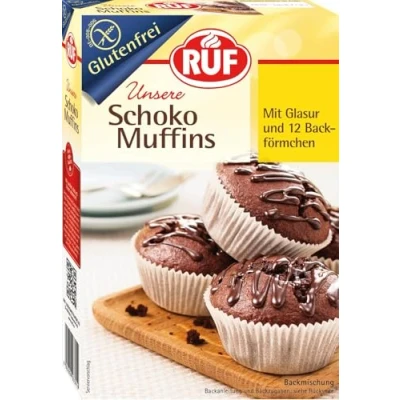 Abbildung von RUF Glutenfreie Muffins Schoko mit Kakaoglasur, Backmischung für schokoladige American Style Muffins, Zöliakie geeignet, inkl. 12 Muffinförmchen