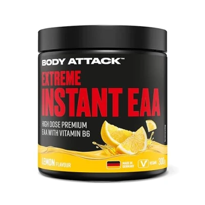 Abbildung von Body Attack Extreme Instant EAA Pulver Lemon, 300 g Vegan, Made in Germany 8 essentielle Aminosäuren für eine Protein reiche Ernährung &amp; intensives Training Ideale 2:1:1 Ratio
