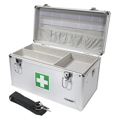 Abbildung von HMF Erste Hilfe Koffer Alu Medizinkoffer Arztkoffer für Erstversorgung, Koffer, mit Tragegriff und Schultergurt, 40 x 22,5 20,5 cm, silber