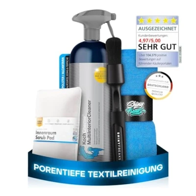 Abbildung von Koch Chemie Multi Interior Cleaner (750ml) Innenraumreiniger + Scrub Pad Shiny Freaks Pinsel Mikrofasertuch Auto Innenraum Reiniger, Kunststoff, Polster, Leder, Cockpitpflege, Reinigungsset