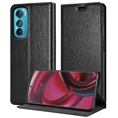 Abbildung von Cadorabo Hülle kompatibel mit Motorola Edge 30 aus Premium Kunst Leder Flip Klappbare Stoßfeste Magnetische [Standfunktion] [Kartenfächern] Cover Case für Tasche in Schwarz