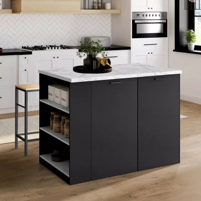 Abbildung von IDMarket Zentralinsel TIBO 120 cm Holz schwarz mit Arbeitsplatte Alaska Marmoreffekt