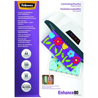 Abbildung von Fellowes Laminierfolien A4 mit selbstklebender Rückseite, 80 Mikron (2 x mic), 100 Stück