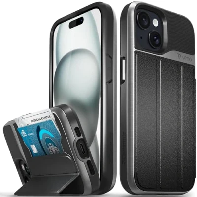 Abbildung von VENA vCommute Brieftaschen Schutzhülle, kompatibel mit Apple iPhone 15 (6,1 Zoll), Fallschutz in Militärqualität, Lederhülle, Kartenschlitz, Halter Ständer, Space Gray/Schwarz