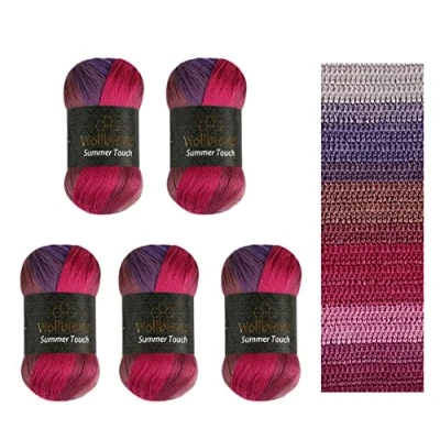 Abbildung von Wollbiene Summer Touch Batik 5 x 100 Gramm Wolle Mehrfarbig mit Farbverlauf, 500 merzerisierte Strickwolle Microfiber Acryl (508 beere lila)