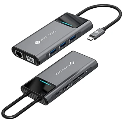 Abbildung von USB C Docking Station, NOVOO 9 in 1 Zurück zu den Ergebnissen mit RJ45 Gigabit Ethernet, HDMI 4K, VGA, 100W PD, SD/TF Kartenleser, 3 3.0 Anschlüsse, Adapter für MacBook Pro/Air,Surface Pro/iPad