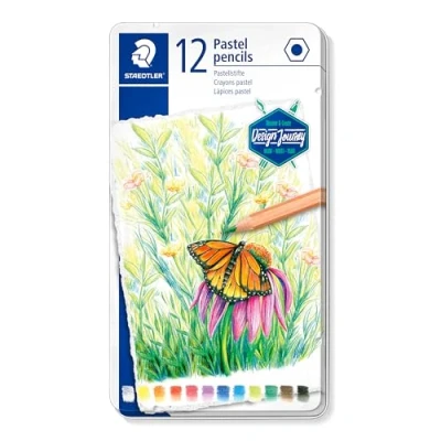 Abbildung von STAEDTLER Pastelstift 146, klassisches Sechskantformat, feine Farbverläufe durch fein pudrige Mine, für flächiges sowie detailiertes Malen, 12 Farben im Metalletui, 146P M12