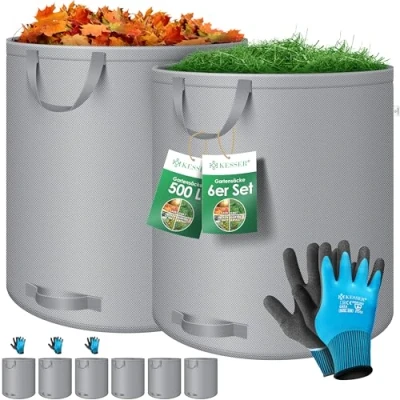 Abbildung von KESSER® Gartensack 6X 500L Set Laubsack Gartenabfallsack inkl. Handschuhe Selbststehend 4 Griffe Stabil Robust &amp; Faltbar Laubsäcke Rasenschnitt Gartensäcke für Gartenabfälle Grünschnitt Grau
