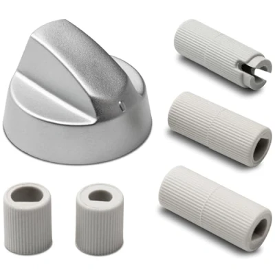 Abbildung von Drehknopf Herd Ø 43mm Knopf Knebel Griff Schalter mit 5 Adaptern Universal für Ofen Backofen 2 Farben (Silber)