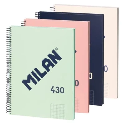 Abbildung von MILAN® Packung mit 4 Notizbüchern A4, Hardcover, kariertes Papier (5 x 5 mm), 80 Blatt à 95 g/m², Gummi Kollektion 430