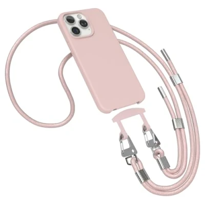 Abbildung von EAZY CASE Hülle mit Band kompatibel iPhone 15 Pro Max Handyhülle für Silikonhülle Mikrofaser stoßfest Fallschutz Handykette zum Umhängen 2in1 Schutzhülle Kordel Pink Rosé