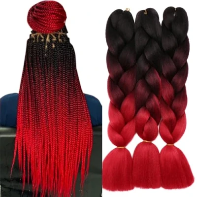 Abbildung von TESS Braids Extensions Ombre 60 cm, Jumbo Kanekalon Kunsthaar Zum Einflechten Box Haarverlängerung Zopf 100g/Bündel Haar Extension (1 Stück Schwarz Rot Ombre)