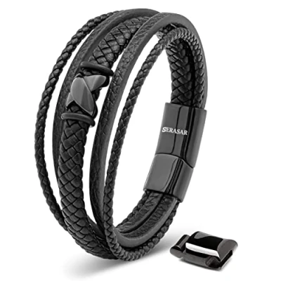 Abbildung von SERASAR Armband Herren 20cm Schwarz Männer Leder Armreif Lederband Herrenarmreif Armschmuck Schmuck Herrenschmuck Armkette Flecht Wickelarmband Kette Leather