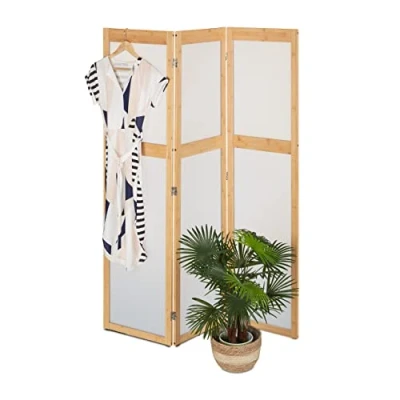 Abbildung von Relaxdays Paravent, 3 teilig, Faltbarer Raumtrenner, HxB: 168x135,5 cm, Kunststoff &amp; Bambus, Trennwand innen, Natur/weiß