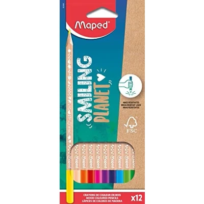 Abbildung von Maped Buntstifte Smiling Planet aus Naturholz 12 Zeichenstifte für Kinder Bleistifte zum Ausmalen, dreieckig, ergonomisch, Beutel mit Holzstiften, FSC zertifiziert