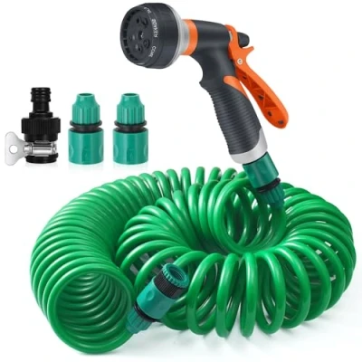 Abbildung von Flexibler Gartenschlauch, 15M Spiralschlauch Komplett Set mit 8 Funktions Brause, Gartenbrause Gartenspritze Brausekopf Gartenbewässerung für Autowäsche, Haustierdusche, Gartenarbeit
