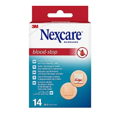 Abbildung von Nexcare Blood Stop Spots, 22 mm, 14 Pflaster pro Packung, Effiziente Blutstopp für kleine Schnitte und Wunden, Erste Hilfe Kits