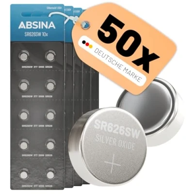 Abbildung von ABSINA SR626SW Uhrenbatterie 1,55V Silberoxid 5X 10er Pack Knopfzellen auslaufsicher &amp; Lange Haltbarkeit 377 / SR66 SR626 AG4 Batterie SR626SW, Uhrenbatterien Knopfzelle