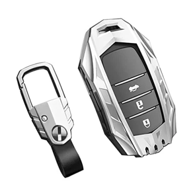 Abbildung von Otai Zinklegierung + TPU Leder Autoschlüssel Hüllen für Toyota Prius Camry Corolla CHR RAV4 Prado 2016 2021 Fernbedienung Shell 2 3 Tasten (Silber)