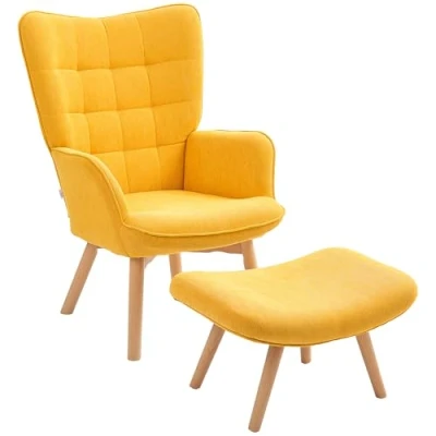 Abbildung von HOMCOM Ohrensessel mit Hocker, Relaxsessel, Polstersessel in Kordoptik, Loungesessel, Armlehnstuhl Holzbeine, Fernsehsessel für Wohnzimmer, Orange