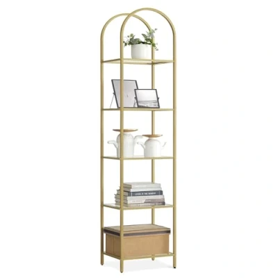 Abbildung von VASAGLE Regal, Bücherregal 5 Ebenen, Standregal aus Hartglas, Aufbewahrungsregal, bogenförmig, Metallstruktur, für Wohnzimmer Schlafzimmer Arbeitszimmer Bad, metallisches Gold transparent LGT501A01