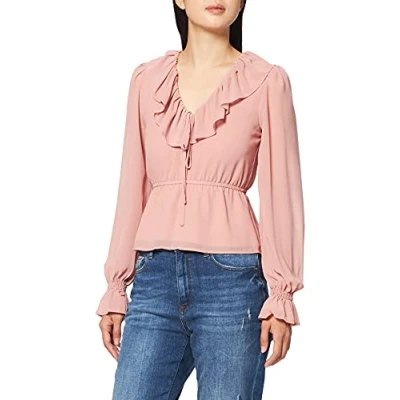 Abbildung von NA KD Damen Frill V Neck Chiffon Blouse Bluse, Rose, 42 EU
