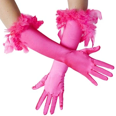 Abbildung von dressforfun Kostüm Lange Satin Handschuhe mit Federn, Edle in Einheitsgröße