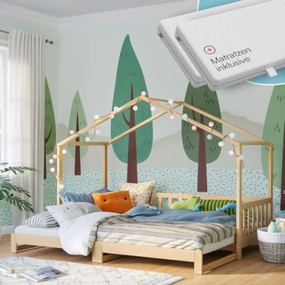 Abbildung von Bellabino Bia Kinderbett 90x200 cm Hausbett ausziehbar auf 180x200 mit Matratze &amp; Lattenrost Montessori Kinder Bett aus Massivholz Kiefer für Jungen und Mädchen inkl. Ausziehbett Natur