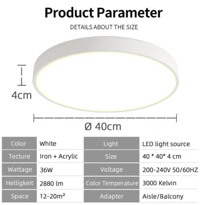 Abbildung von style home Deckenleuchte Deckenlampe Runde Leuchte, 36W, LED fest integriert, Warmweiß 3000K, Ø40*4cm, Weiß, für Wohnzimmer Schlafzimmer Küche