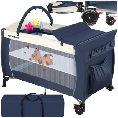 Abbildung von tectake® 800032 Kinder Reisebett höhenverstellbar mit Wickelauflage und Transporttasche, 132 x 75 104 cm Diverse Farben (Navy Blau Nr. 400534)