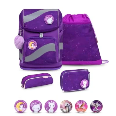 Abbildung von Belmil Smarty Schulranzen Set 5 teilig Purple Sky mit Brustgurt, Hüftgurt, Magnetverschluss, Patch 6 Stück