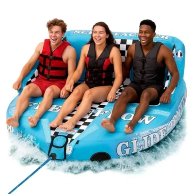 Abbildung von SereneLife Aufblasbares Schlauchboot 3 Personen Hochleistungs Wassersport Funtube mit Rückenlehne, Vorderem und Hinterem Zugpunkt, PVC Blase, EVA Schaumpolster Griffen für Kinder &amp; Erwachsene