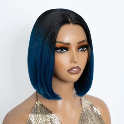 Abbildung von NOBLE blaue Frauen Bob Perücken Kurze T Stück HD Spitze Front 10 Zoll Synthetische Gerade Stumpf geschnitten Ombre Blau für Party und Alltag