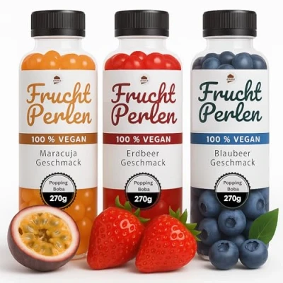 Abbildung von ONHA Bubble Tea Perlen Set 3er Pack mit Popping Boba Fruchtperlen fruchtige Tapioka servierfertig 100% vegan und glutenfrei Erdbeere, Maracuja, Blaubeere