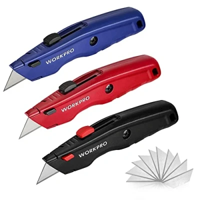 Abbildung von WORKPRO Premium Teppichmesser Set, Einziehbarer Universalmesser aus Vollmetall, Strapazierfähiger Cuttermesser mit Schnellwechselklinge, 10 zusätzlichen Klingen, 3er Set (Schwarz, Rot, Blau)
