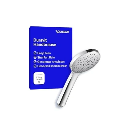 Abbildung von Duravit Universal Duschkopf, Duschbrause mit Strahlart Rain, Handbrause rund (Ø 110 mm), Brausekopf reinigungsfreundlichen Silikonnoppen, Chrom
