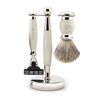 Abbildung von Jag Shaving Rasierset Rasierhobel Rasierpinsel Dachshaar Rasierständer 3 teiliges Rasierer Set Herren Damen, Rasierklingen Elfenbein als Geschenkset