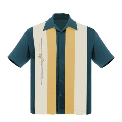 Abbildung von Steady Clothing Hemd The Finley Teal Mustard Cream Vintage Bowling Shirt Retro, Größe:XL