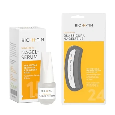Abbildung von BIO H TIN stärkendes Nagel Serum 3,3 ml + Glassicura Nagelfeile Zum Aufbau kräftiger &amp; gesunder Nägel in nur 4 Wochen Schützt pflegt
