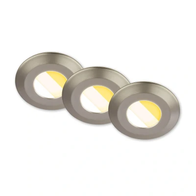 Abbildung von BRILONER 3er Set LED Bad Einbaustrahler 230V Gehäuse 50% recycelt, Farbtemperaturwechsel, Dimmbar, IP44, Ra90, Spot, flach, Decke, Einbauleuchten, Badezimmer, 68mm, 90x30mm (DxH), Matt Nickel