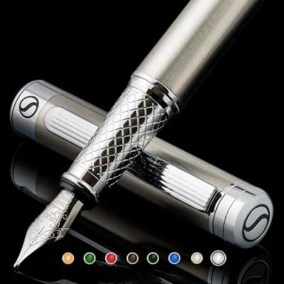 Abbildung von Scriveiner Füllfederhalter aus Edelstahl Beeindruckender Luxusfüller mit Finish, Schmidt Feder (Fein), Bestes Schreibgeräte Geschenkset für Männer &amp; Frauen, Beruf, Führungskraft