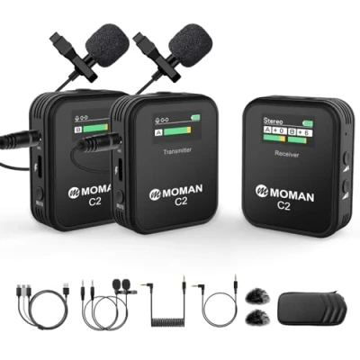 Abbildung von Moman Ansteckmikrofon Kabellos, C2X 2,4 GHz Lavalier Mikrofon Wireless System bis zu 100m für DSLR Kamera Camcorder Canon Sony Nikon Smartphone Laptop
