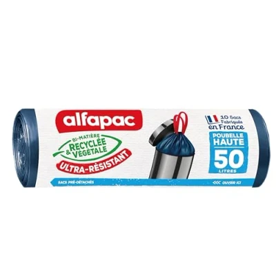 Abbildung von Alfapac 10 Müllbeutel, 50 l, hoher Mülleimer mit Zugband, sehr robust hergestellt in Frankreich Bi Material recycelt &amp; pflanzlich