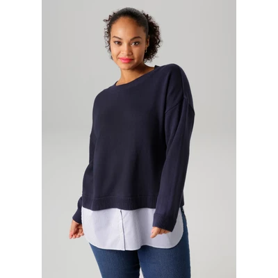 Abbildung von Aniston PLUS Strickpullover mit gestreiftem Bluseneinsatz am Saum NEUE KOLLEKTION