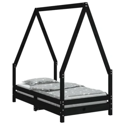 Abbildung von vidaXL Kinderbett, Kinder Bettgestell mit robusten Latten, Hausbett für Kleinkinder ab 4 Jahren, Einzelbett Jugendbett Holzbett, Schwarz 70x140 cm Massivholz Kiefer